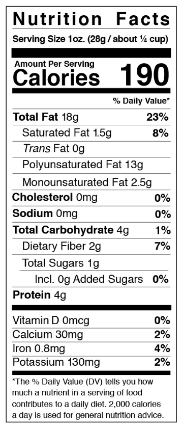 Nutrition facts label for almonds - including the amounts of saturated, monounsaturated and polyunsaturated fat